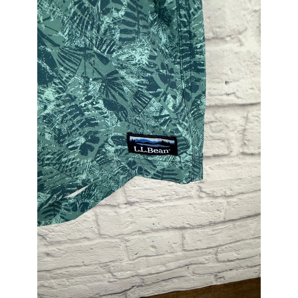LL Bean Mens Large Teal Tropical Floral Swim Trunks Board Shorts 8 Inseam